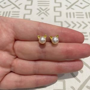 Faux Pearl Cat Earrings - Gold Studs